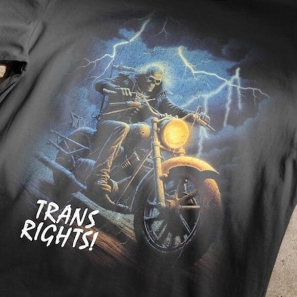 Trans Rights Skeleton Riding Motorcycle Through Lightning Bold Statement Tee 159 - Picture 2 of 5